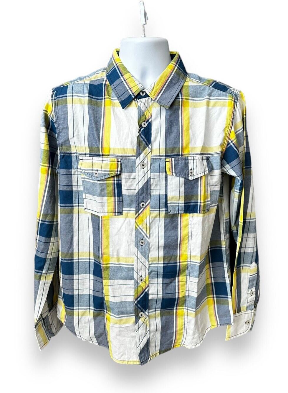 American Exchange Plaid Button Down Blue White Yellow Medium